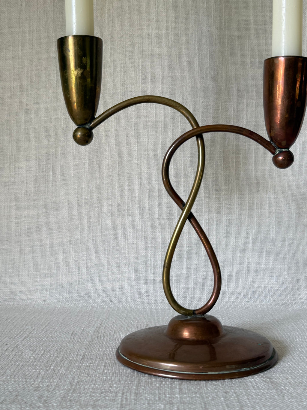 Dual Weathered Brass & Copper Candlestick Holder