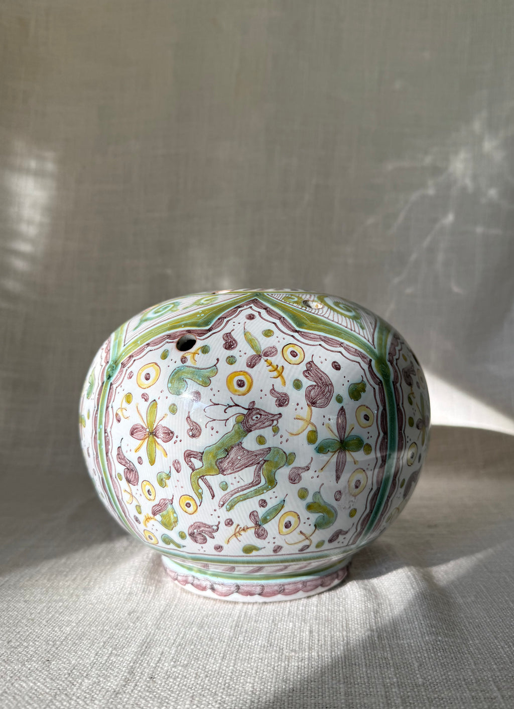 Hand-painted Portuguese Deer & Hare Flower Frog Vase
