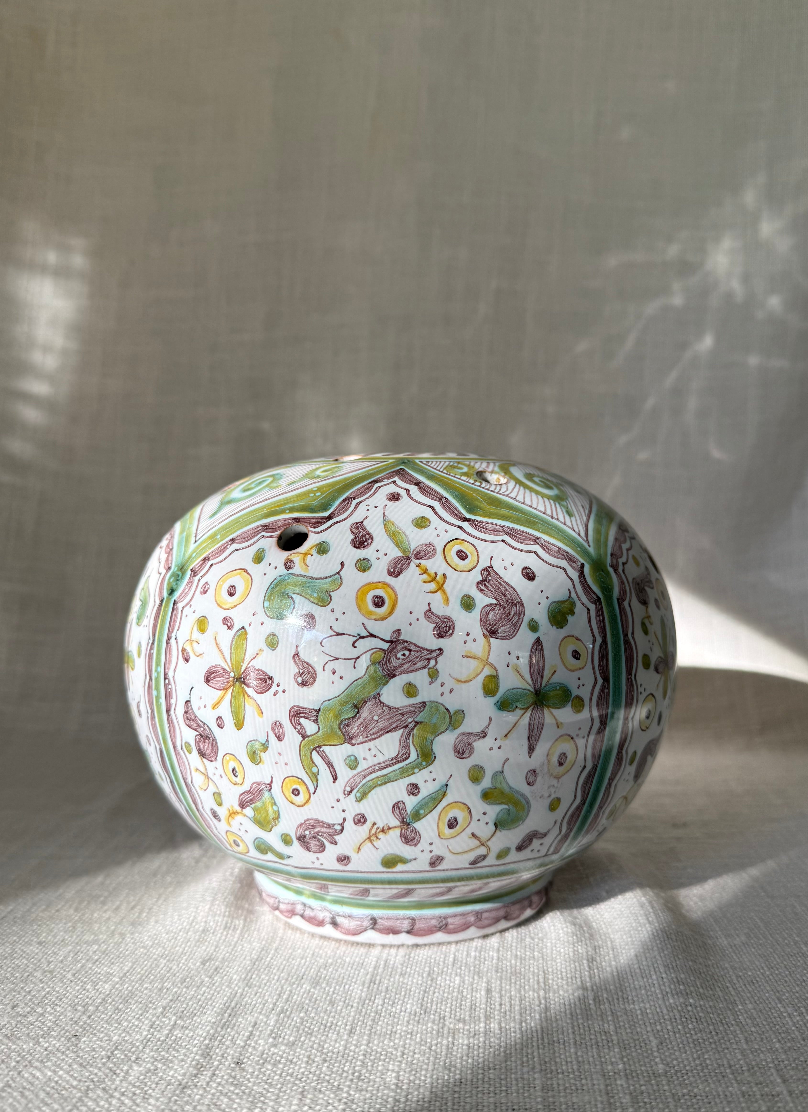 Hand-painted Portuguese Deer & Hare Flower Frog Vase