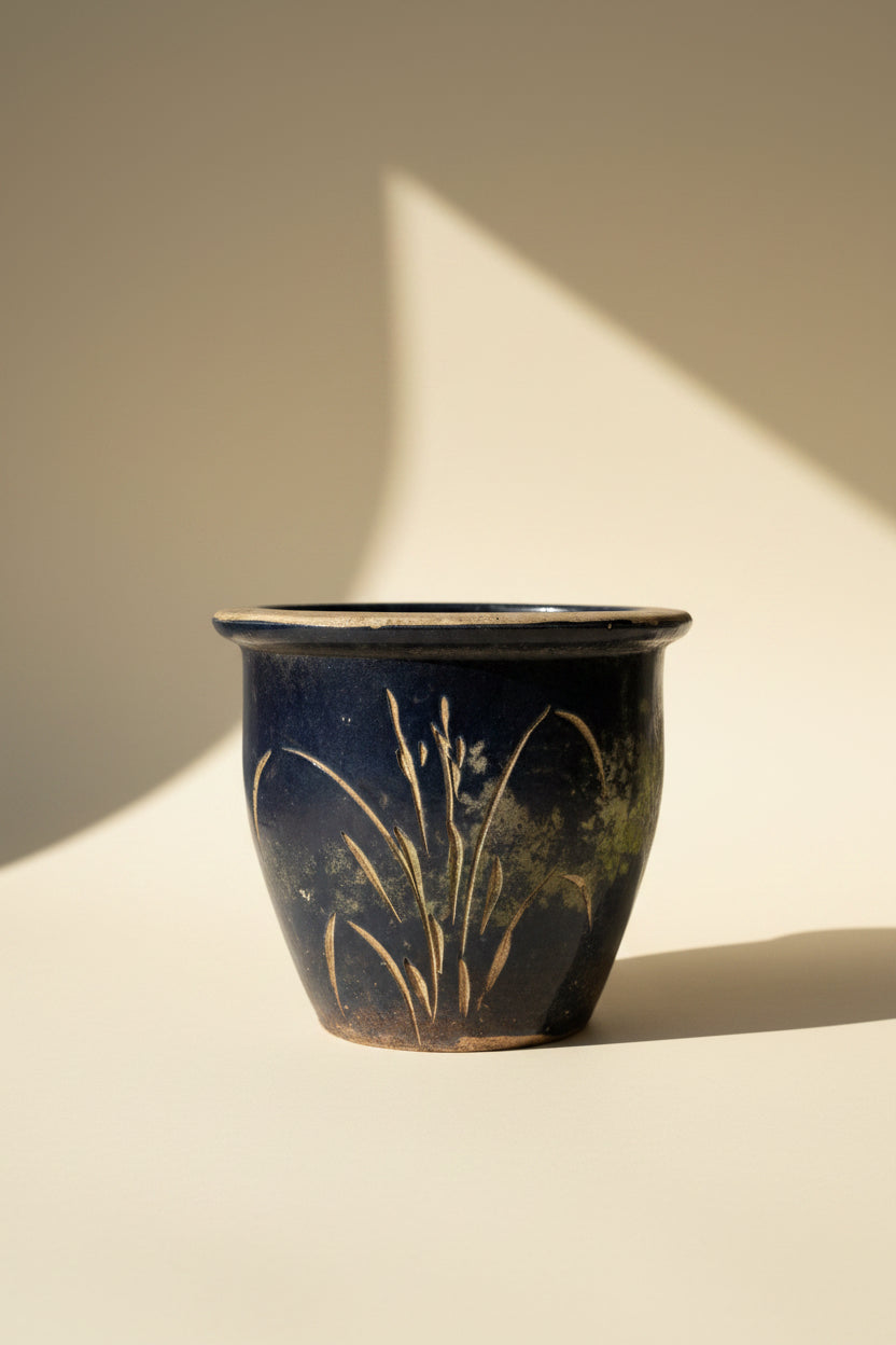 Mossy Navy Hand-carved Wheat Plant Vessel (large)