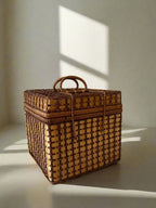 Two-tone woven picnic basket with lid & top handles