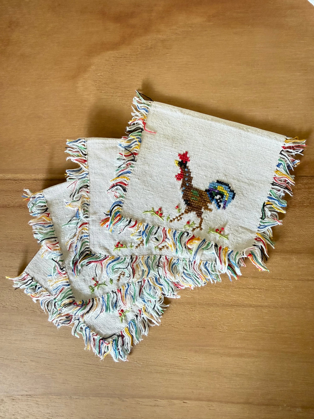 Vintage Linen Cross-stitch Rooster Cocktail Napkin (set of 5)