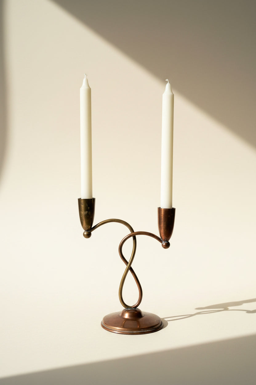 Dual Weathered Brass & Copper Candlestick Holder