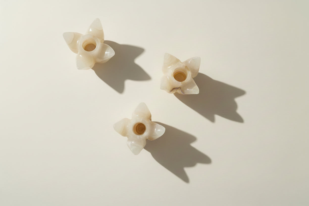 Hand Carved Vintage Onyx Flower Candle Holder (set of 3)