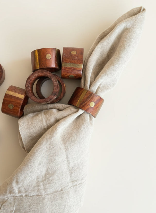 Inlaid Brass on Wood Napkin Rings (set of 6)