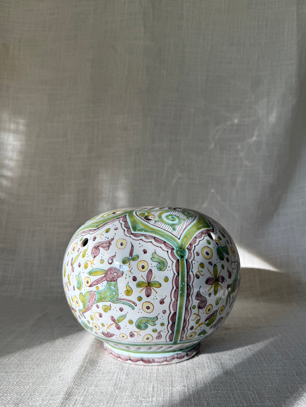Hand-painted Portuguese Deer & Hare Flower Frog Vase