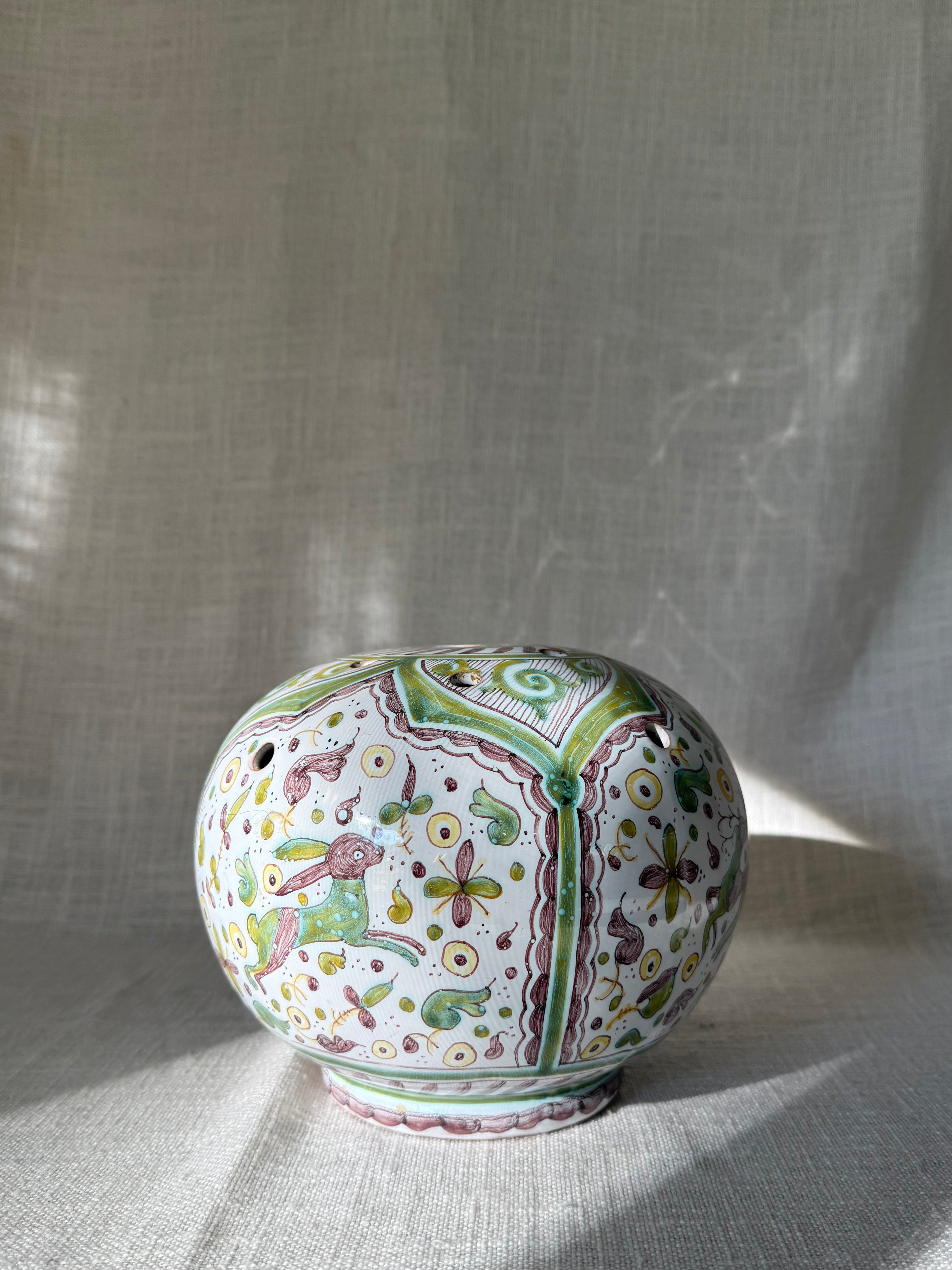 Hand-painted Portuguese Deer & Hare Flower Frog Vase