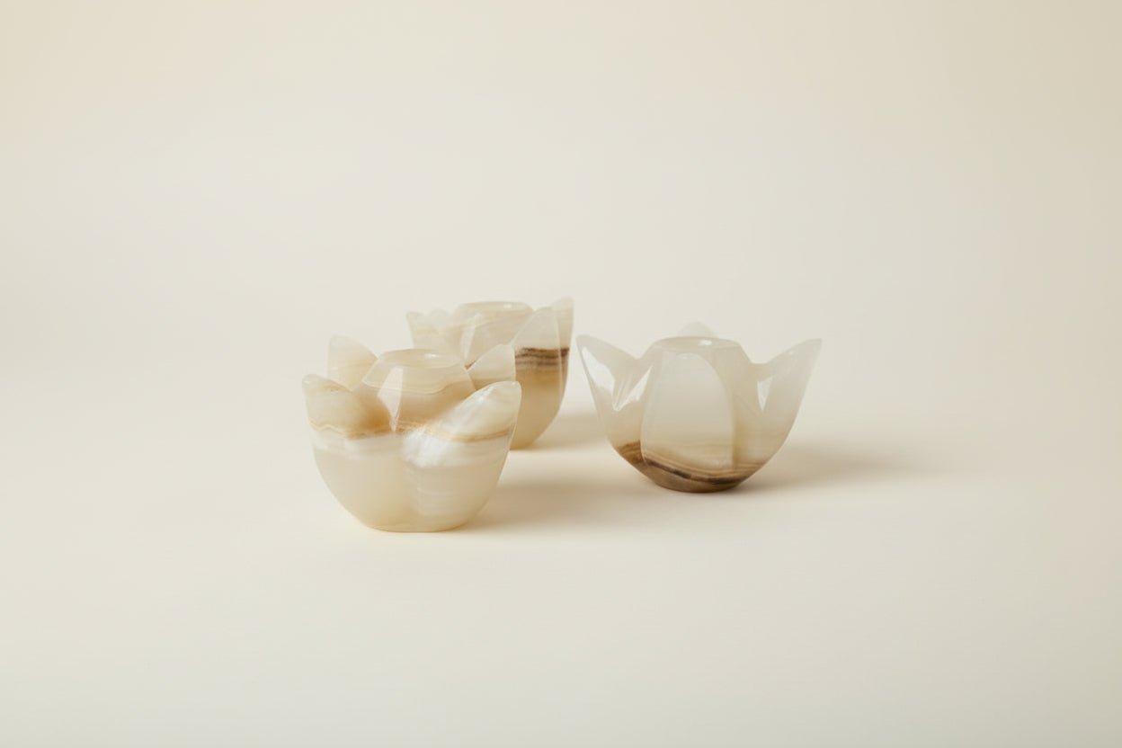 Hand Carved Vintage Onyx Flower Candle Holder (set of 3)