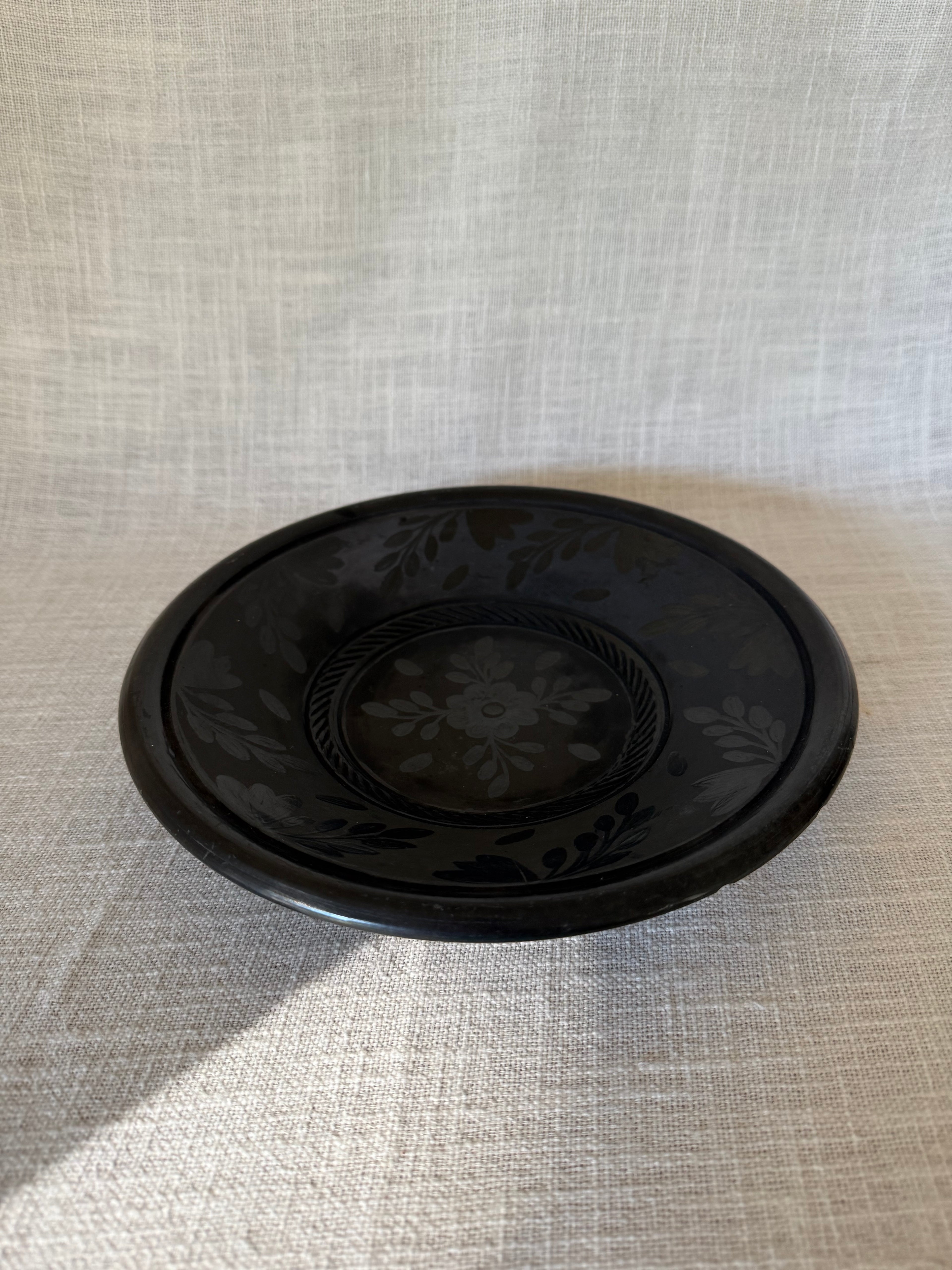 Black Ceramic Etched Catch-all Floral Bowl
