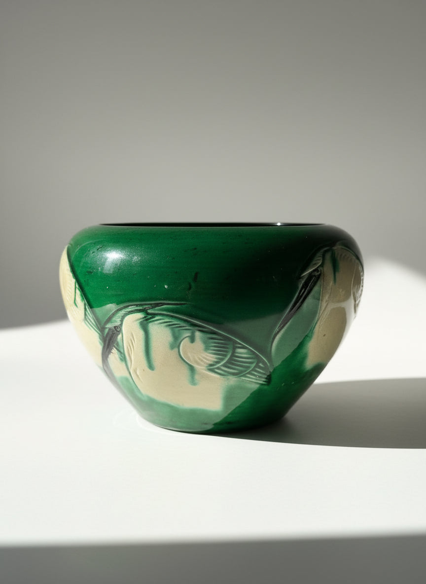 Japanese Antique Glazed Crane Awaji Planter - Late 19th Century