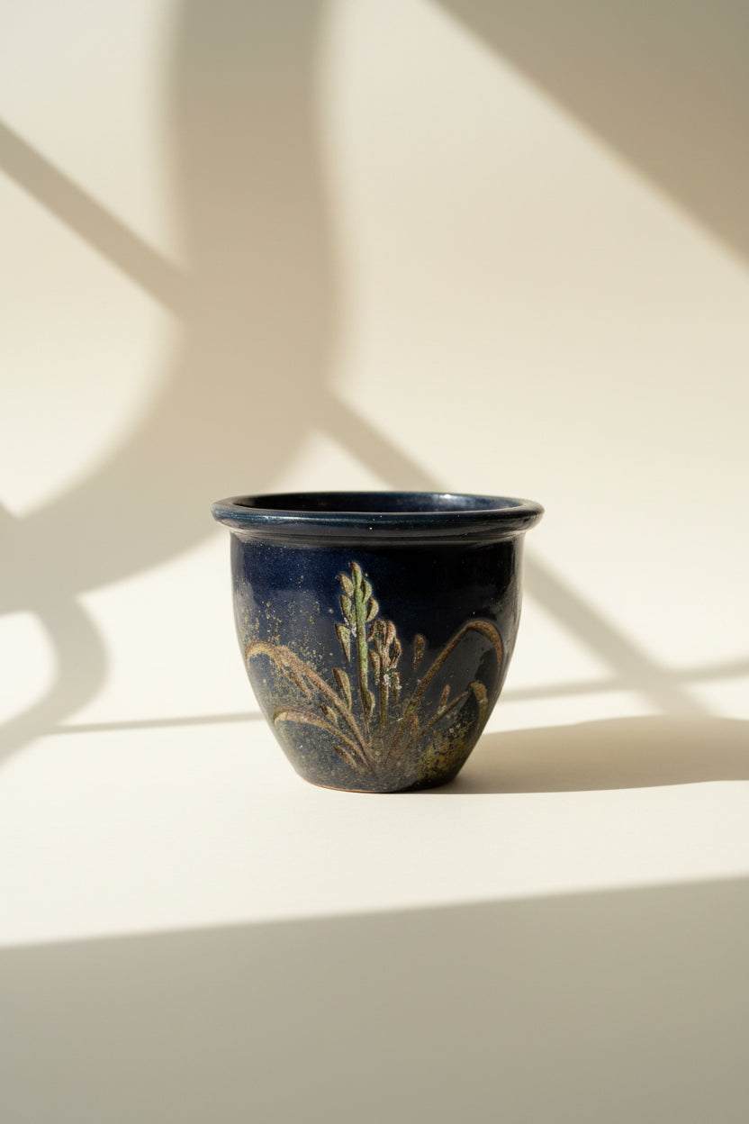 Mossy Navy Hand-carved Wheat Plant Vessel (small)