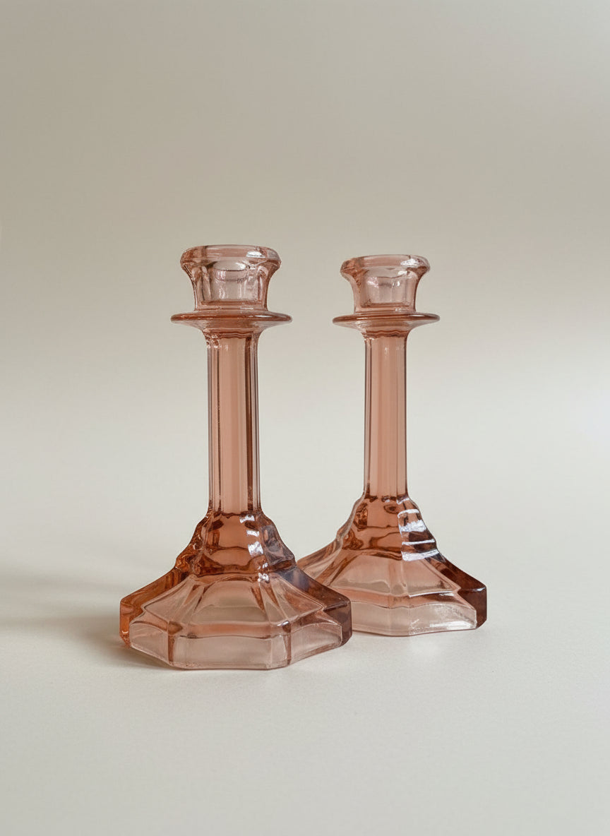 Mid-century "Fostoria" Pink Glass Candlesticks