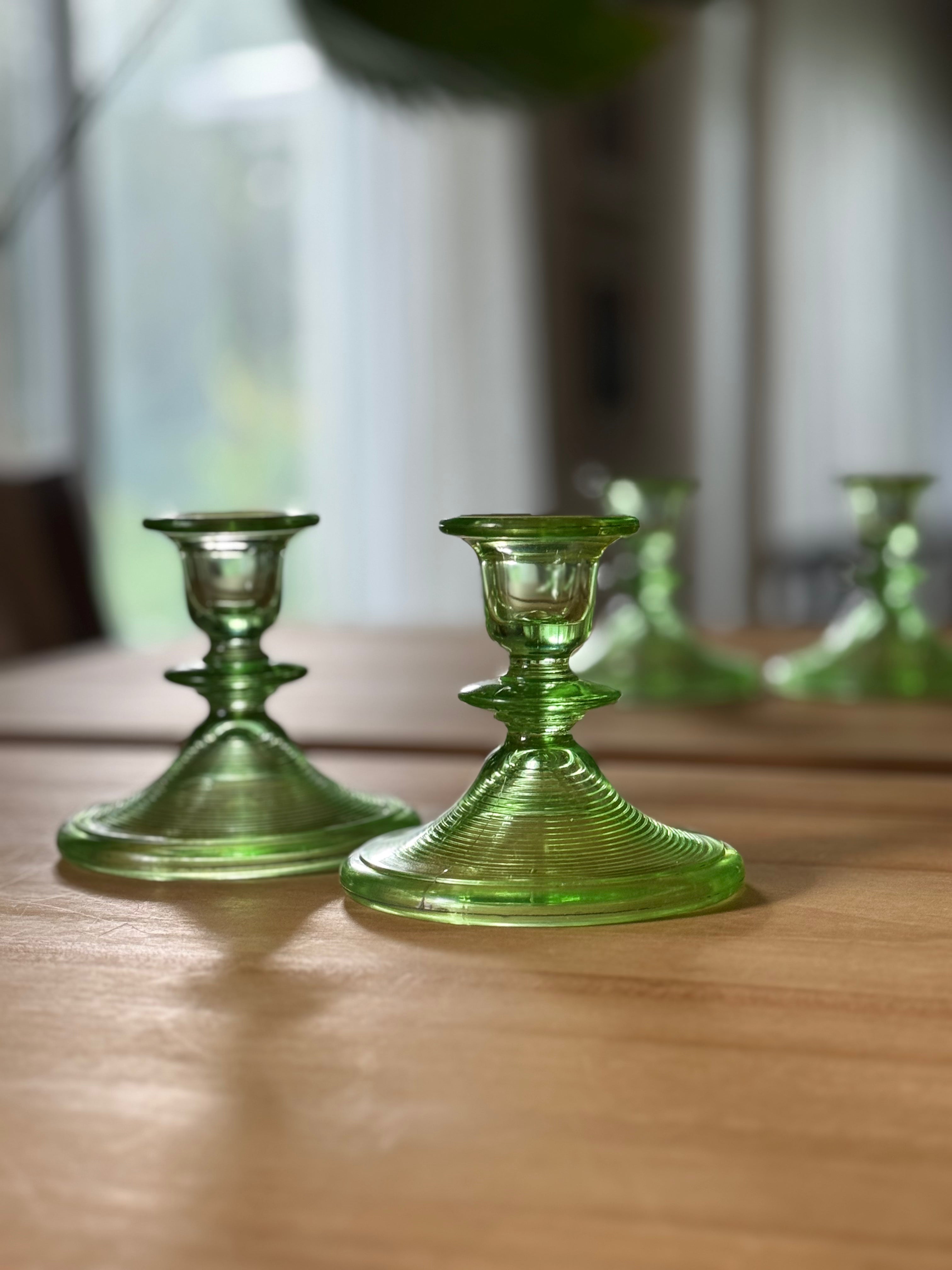 Vintage Green Uranium Glass Candlestick Holders