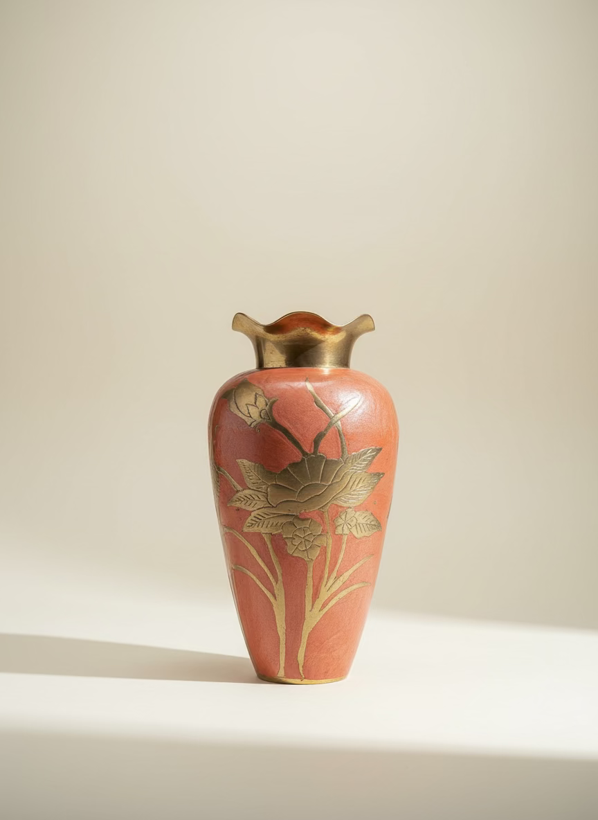 Vintage Coral-enameled Brass Vase