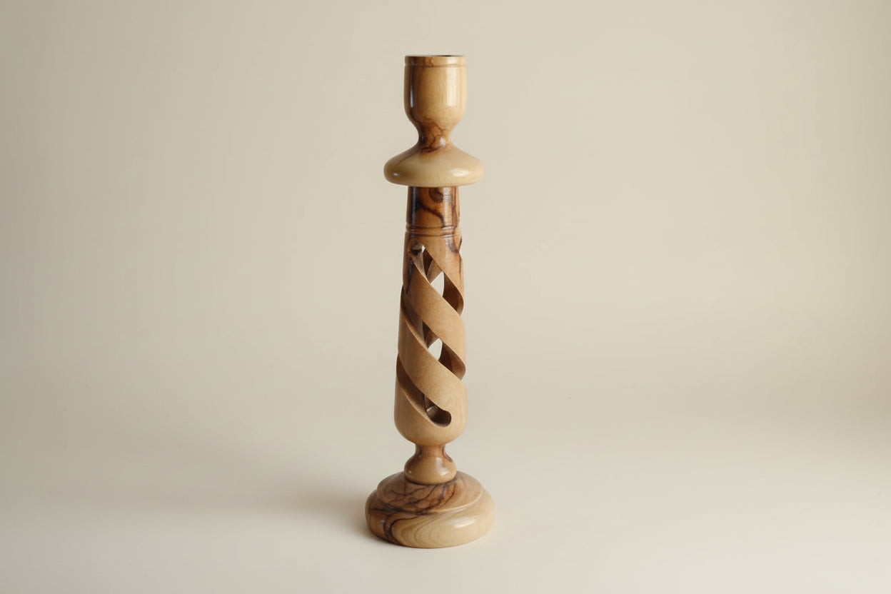 Olive Wood Swirl Carved Candlestick Holder