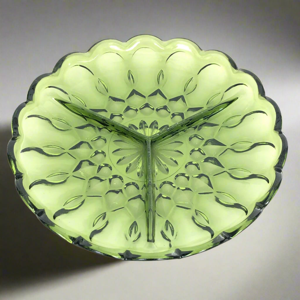 Vintage Anchor Hocking Avocado Green Tri-compartment Dish