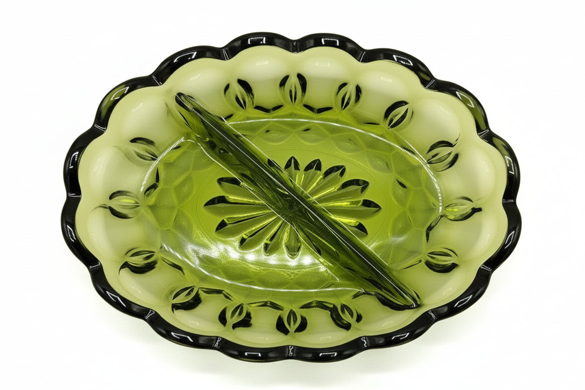 1960s Anchor Hocking Green Dual Compartment Dish